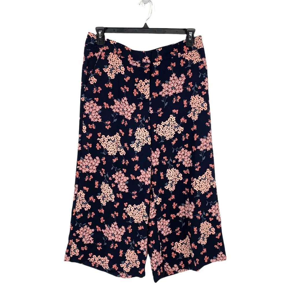 Ann Taylor LOFT Navy Pink Floral Cropped High Rise Wide Leg Pants Size 10